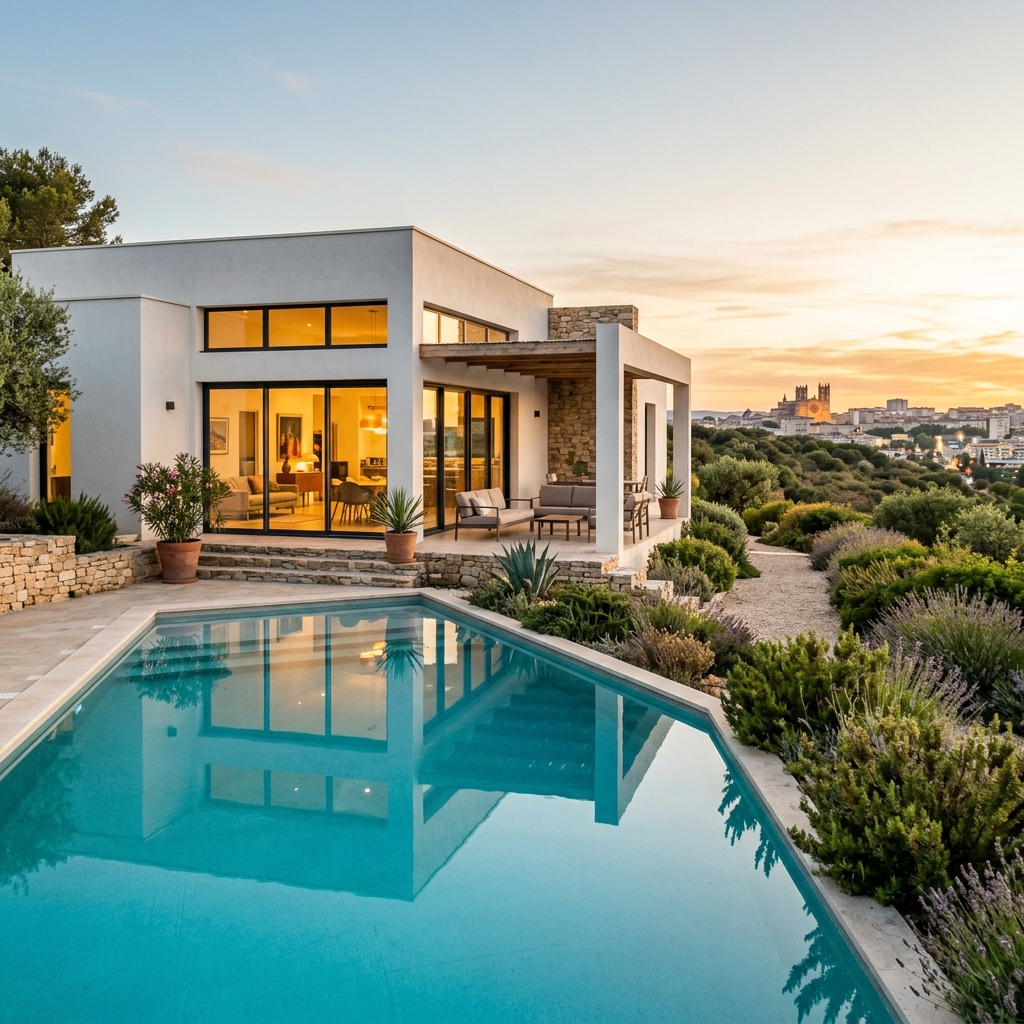 Villa méditerranéenne moderne blanche avec de grandes baies vitrées coulissantes en aluminium noir, terrasse en bois et piscine reflet turquoise dans la garrigue héraultaise